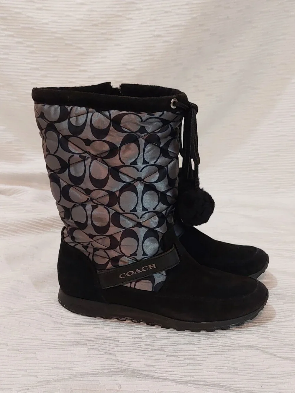 Coach Black Signature Pom-Pom Winter Boots Size 8.5